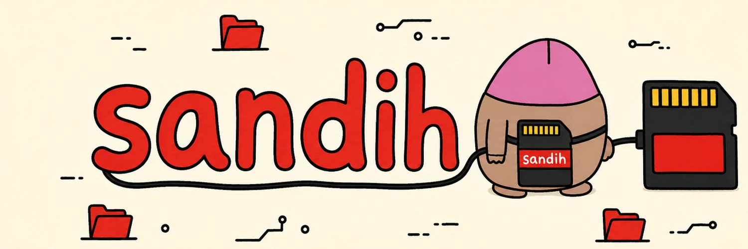 Sandih tech wordmark and memory-card mascot on a light background