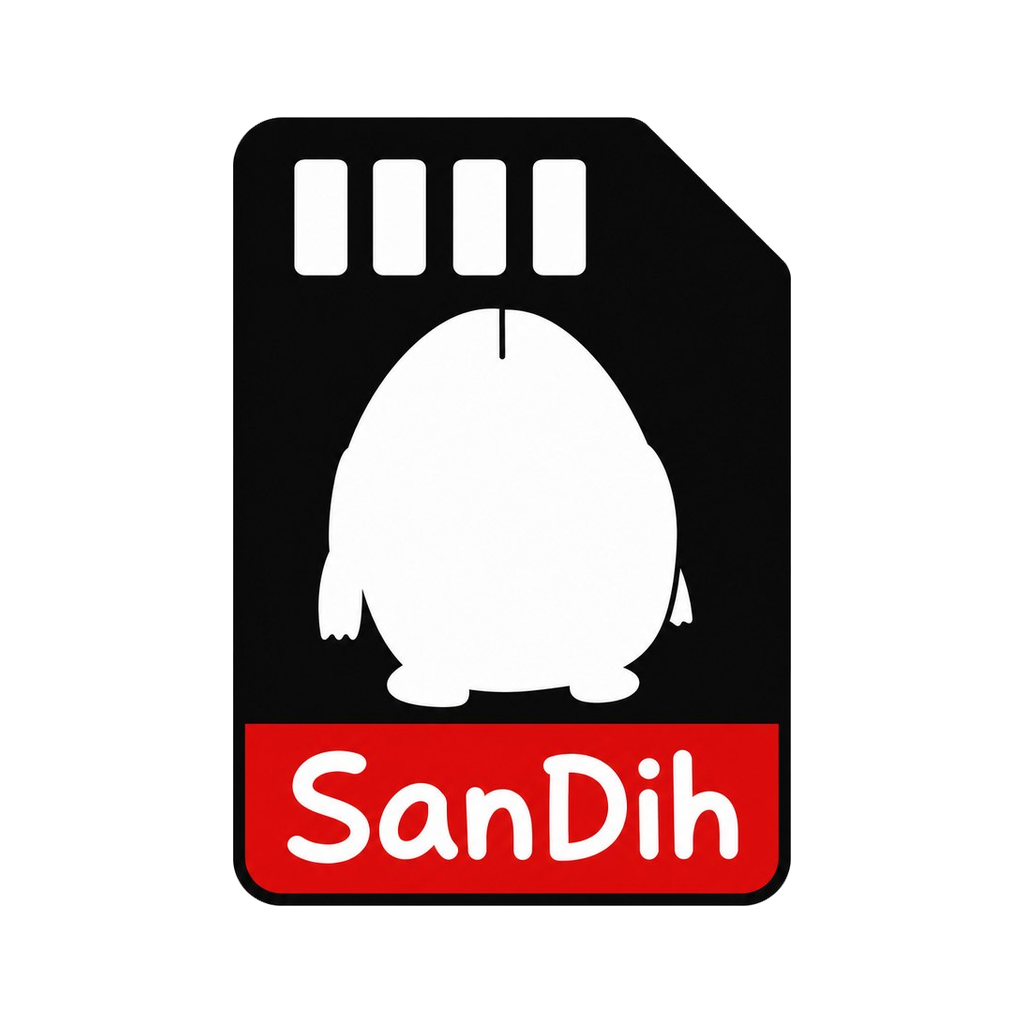 Selected Sandih logo: white DIH silhouette inside a black SD card with a red SanDih label